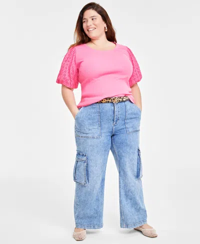 On 34th Trendy Plus Size Eyelet Elbow-sleeve T-shirt, Created For Macy's In Azalea Pink