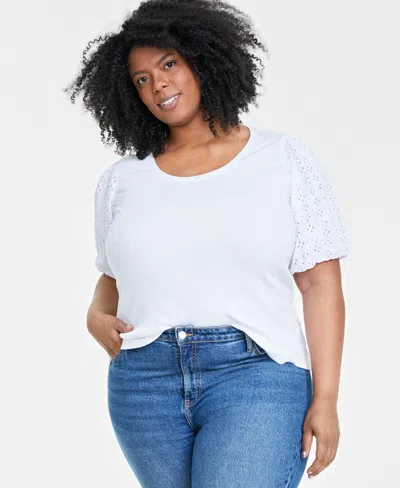 On 34th Trendy Plus Size Eyelet Elbow-sleeve T-shirt, Created For Macy's In Bright White