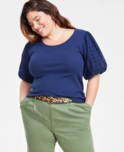 On 34th Trendy Plus Size Eyelet Elbow-sleeve T-shirt, Created For Macy's In Intrepid Blue