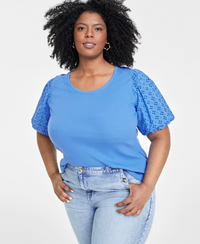 On 34th Trendy Plus Size Eyelet Elbow-sleeve T-shirt, Created For Macy's In Regatta