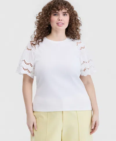 On 34th Trendy Plus Size Eyelet Puff-sleeve Rib-knit Top, Macy's Exclusive In Neutral