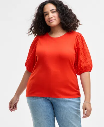 On 34th Trendy Plus Size Eyelet-sleeve Rib-knit Top, Exclusively At Macy's In Red