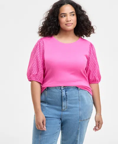 On 34th Trendy Plus Size Eyelet-sleeve Rib-knit Top, Exclusively At Macy's
