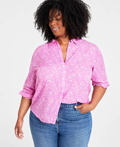 On 34th Trendy Plus Size Floral Button-up Shirt, Created For Macy's In Blue