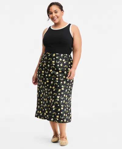 On 34th Trendy Plus Size Floral Midi Slip Skirt, Macy's Exclusive In Deep Black Cmb