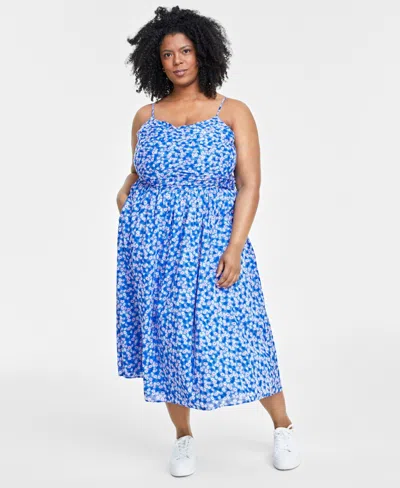 On 34th Trendy Plus Size Floral-print Ruched Corset Midi Dress, Created For Macy's In Regatta Combo