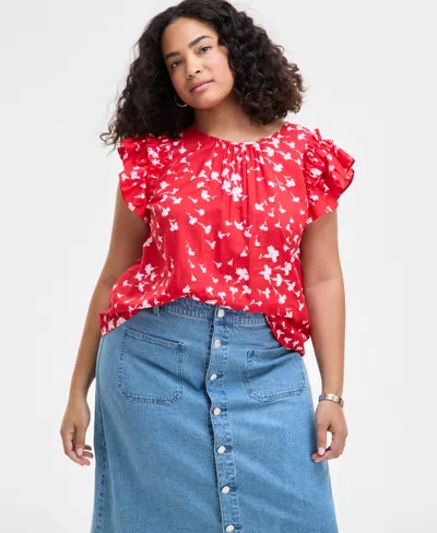 On 34th Trendy Plus Size Flowing Meadow Ruffle-sleeve Top, Exclusively At Macy's In Fiery Red