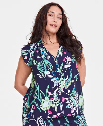 On 34th Trendy Plus Size Flutter-sleeve Printed Shirt, Exclusively At Macy's In Intrepid Blue
