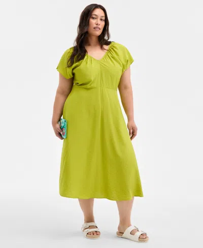 ON 34TH TRENDY PLUS SIZE FLUTTER-SLEEVE TEXTURED SATIN MIDI DRESS, EXCLUSIVELY AT MACY'S