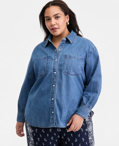 On 34th Trendy Plus Size Geneva Cotton Snap-front Shirt, Macy's Exclusive In Blue