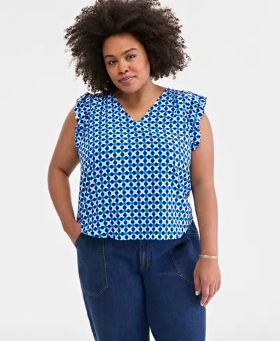On 34th Trendy Plus Size Geo-print Flutter-sleeve Top, Exclusively At Macy's In Blazing Na