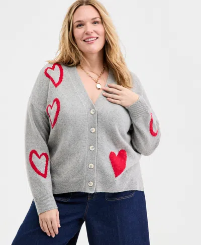 On 34th Trendy Plus Size Heart Intarsia-knit Cardigan, Macy's Exclusive In Gray