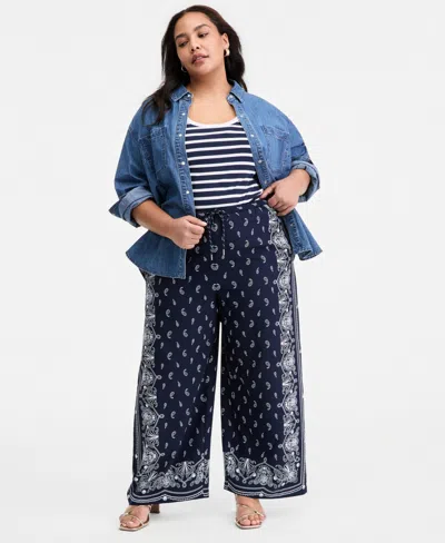 On 34th Trendy Plus Size High Rise Bandana Frame Print Wide Leg Pull-on Pants, Macy's Exclusive In Multi