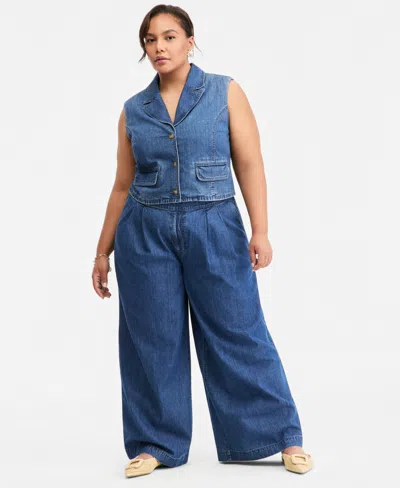 On 34th Trendy Plus Size High-rise Pleated Wide-leg Jeans, Macy's Exclusive In Seal Beach