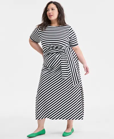 On 34th Trendy Plus Size Knit Ditsy Stripe Wrap Dress, Exclusively At Macy's In Deep Black