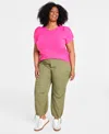 On 34th Trendy Plus Size Knot-detail Puff-sleeve Top, Created For Macy's In Fuchsia Purple