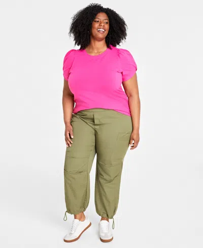 On 34th Trendy Plus Size Knot-detail Puff-sleeve Top, Created For Macy's In Fuchsia Purple