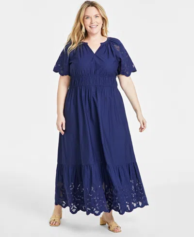 On 34th Trendy Plus Size Lace-trim Maxi Dress, Created For Macy's In Intrepid Blue