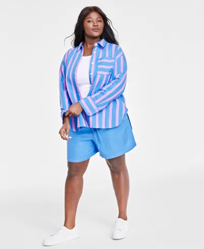 On 34th Trendy Plus Size Linen-blend Striped Shirt, Created For Macy's In Regatta Pnk Cmb