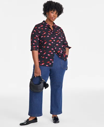 On 34th Trendy Plus Size Lip Party Printed Blouse, Exclusively At Macy's In Deep Black