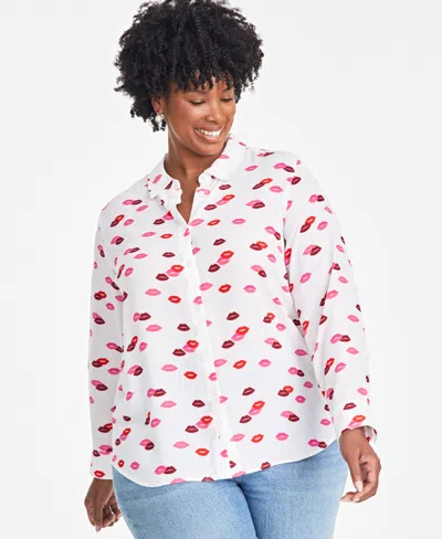 On 34th Trendy Plus Size Lip Party Printed Blouse, Exclusively At Macy's In Wash White