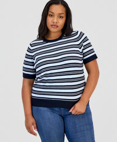 On 34th Trendy Plus Size Mallory Striped Sweater-knit T-shirt, Macy's Exclusive In Black