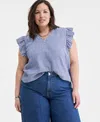 On 34th Trendy Plus Size Micro-gingham Seersucker Flutter-sleeve Top, Exclusively At Macy's In Blazing Na