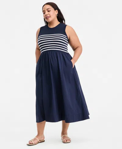 On 34th Trendy Plus Size Mixed-media Striped Midi Dress, Macy's Exclusive In Multi
