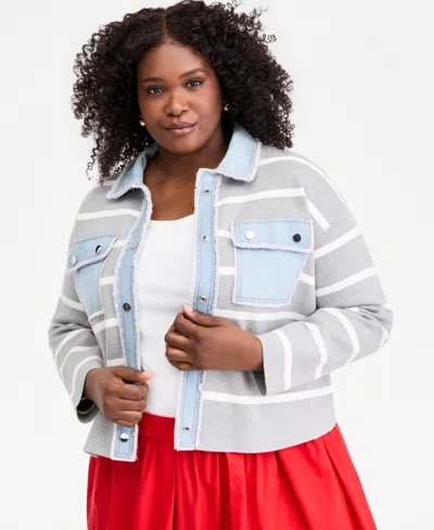 On 34th Trendy Plus Size Mixed Media Sweater Jacket, Macy's Exclusive In Silver