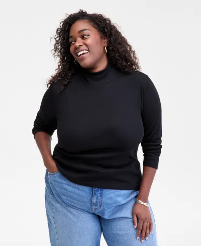 On 34th Trendy Plus Size Mock Neck Micro-rib Top, Macy's Exclusive In Black