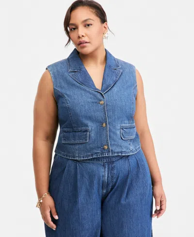 On 34th Trendy Plus Size Notched-collar Button-front Denim Vest, Macy's Exclusive In Seal Beach