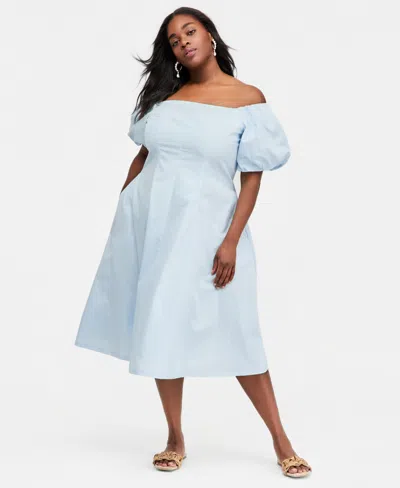 On 34th Trendy Plus Size Off-the-shoulder Midi Dress, Macy's Exclusive In Blue
