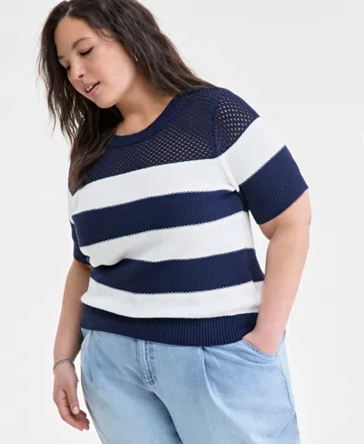 On 34th Trendy Plus Size Open-knit Striped Short-sleeve Sweater, Exclusively At Macy's In Intrepid C