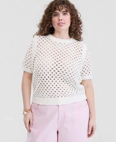 On 34th Trendy Plus Size Open-knit Short-sleeve Sweater, Macy's Exclusive In White