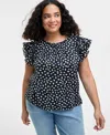 On 34th Trendy Plus Size Paint Dot Ruffle-sleeve Top, Exclusively At Macy's In Deep Black