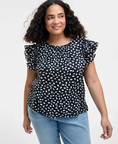 On 34th Trendy Plus Size Paint Dot Ruffle-sleeve Top, Exclusively At Macy's In Deep Black