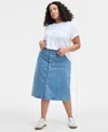 On 34th Trendy Plus Size Patch-pocket Denim Midi Skirt, Exclusively At Macy's In Soda Wash