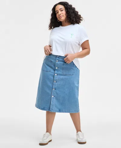 ON 34TH TRENDY PLUS SIZE PATCH-POCKET DENIM MIDI SKIRT, EXCLUSIVELY AT MACY'S