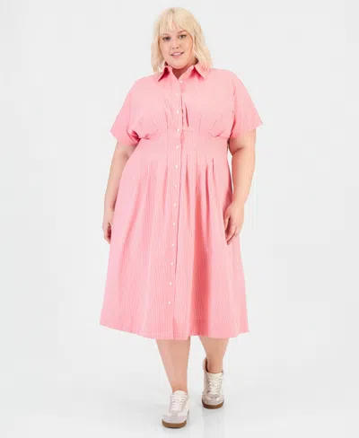 On 34th Trendy Plus Size Pinstriped Pleated-waist Midi Shirtdress, Macy's Exclusive In Pink
