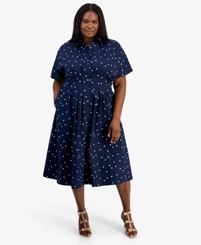 On 34th Trendy Plus Size Pinstriped Pleated-waist Midi Shirtdress, Macy's Exclusive In Blue