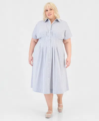 On 34th Trendy Plus Size Pinstriped Pleated-waist Midi Shirtdress, Macy's Exclusive In Blue