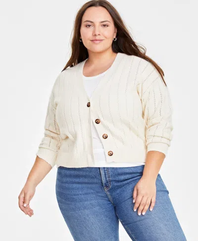 On 34th Trendy Plus Size Pointelle-stitch Cardigan, Created For Macy's In Alabaster