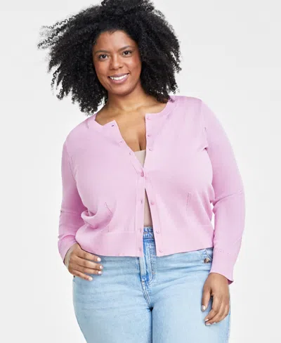 On 34th Trendy Plus Size Pointelle-trim Cardigan, Created For Macy's In Pink Lilac