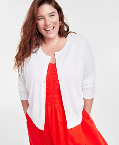 On 34th Trendy Plus Size Pointelle-trim Cardigan, Created For Macy's In Washed White