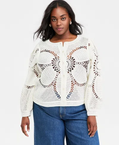On 34th Trendy Plus Size Pointelle-knit Cardigan, Macy's Exclusive In White