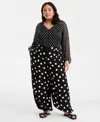 On 34th Trendy Plus Size Polka-dot Pull-on Balloon Pants, Macy's Exclusive In Black