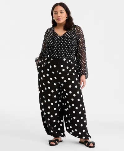 On 34th Trendy Plus Size Polka-dot Pull-on Balloon Pants, Macy's Exclusive In Black