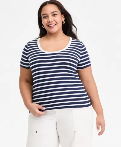 On 34th Trendy Plus Size Primavera Stripe Scoop Neck Short-sleeve T-shirt, Macy's Exclusive In Blue White Combo