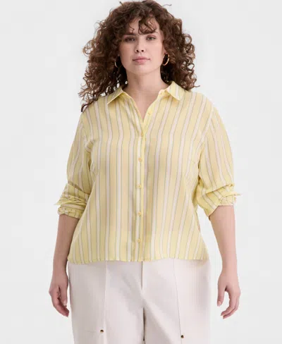 On 34th Trendy Plus Size Printed Bayside Cropped Silky Shirt, Macy's Exclusive In Yellow