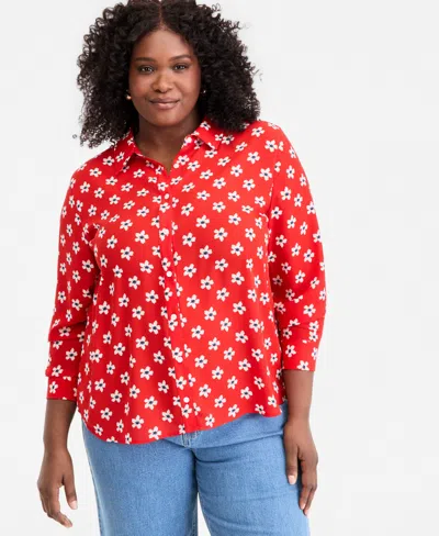 On 34th Trendy Plus Size Printed Collared Button-front Shirt, Macy's Exclusive In Red
